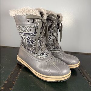 Muk Luk Snow Winter Boots Gray Women's Sz 11 Fair Isle Print Faux Fur